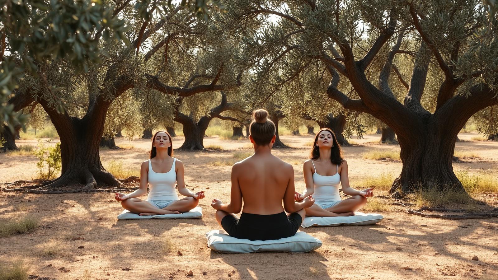 Small group seated in meditation among olive trees in soft morning light.