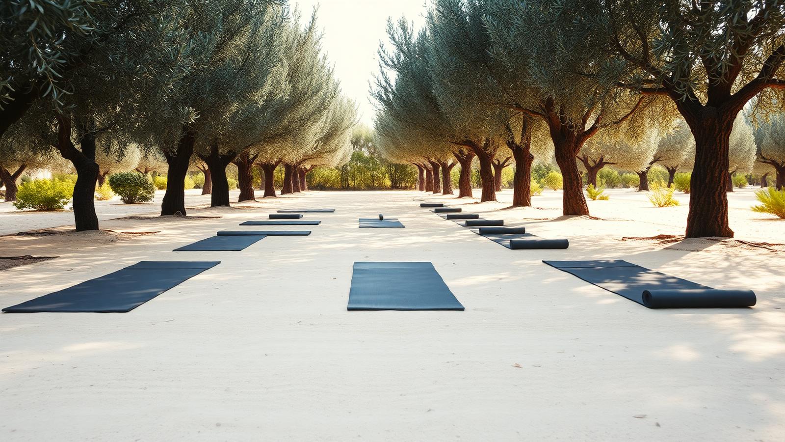 Yoga mats laid on a prepared patch among old olive trees.